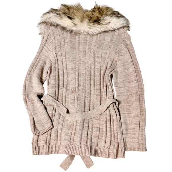 Chico’s Angora-Blend Belted Neutral Knit Sweater Removable Faux Fur Collar Sz 3 - Picture 2 of 8
